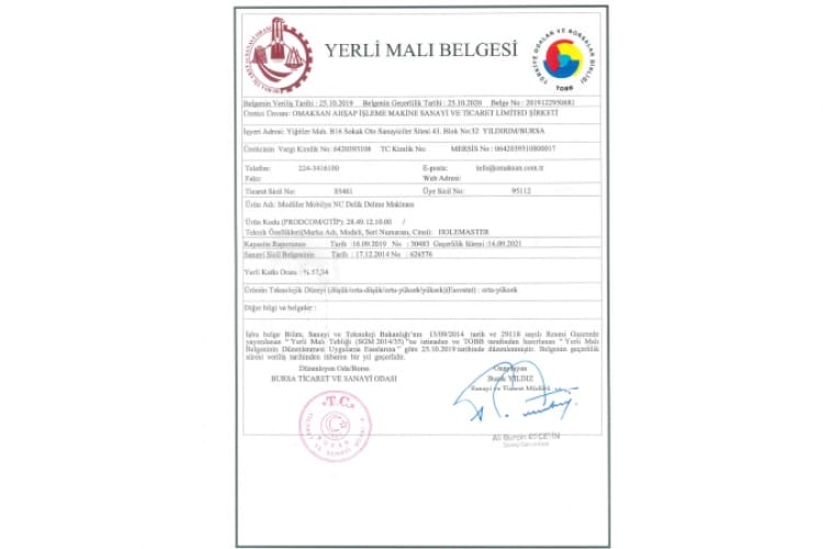 As Omaksan Makine, we took a big step in our sector by obtaining our domestic product certificate.